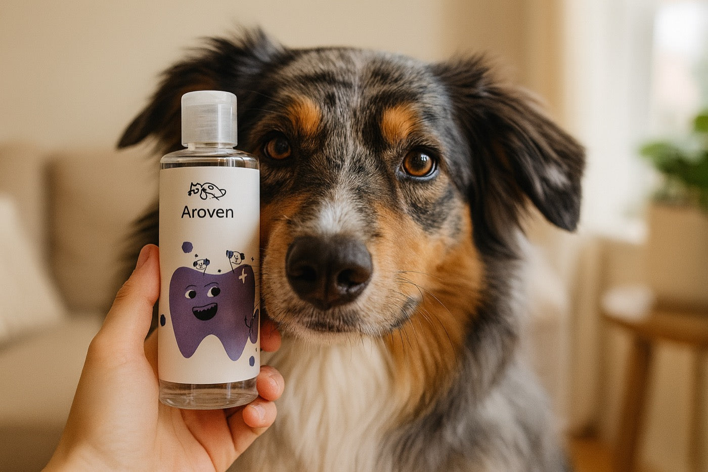 Perro junto a la botella de Aroven Dental+